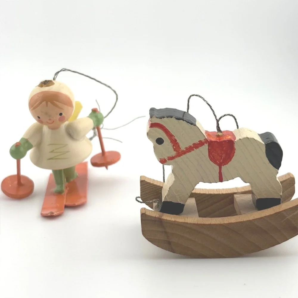 Vintage Mini Hand Painted Wooden Christmas Ornaments Set‎ 4 Reindeer Skier Horse